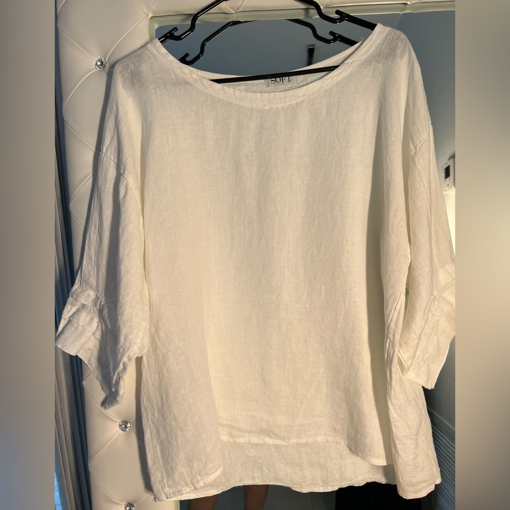 SOFT 100% Linen Made in Italy 3/4 Sleeve Scoop Neck Top Size M
